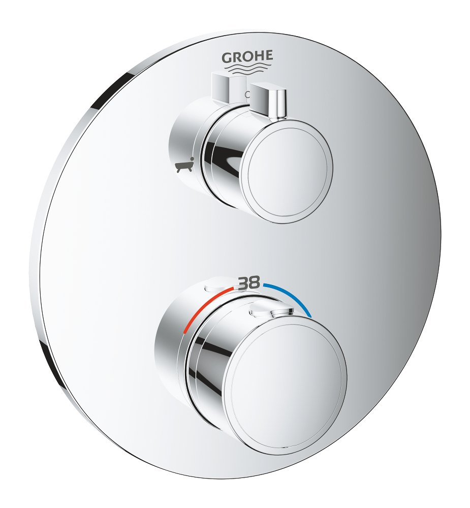 GROHE Grohtherm Thermostatic bath tub mixer for 2 outlets with integrated shut off diverter valve — Chrome