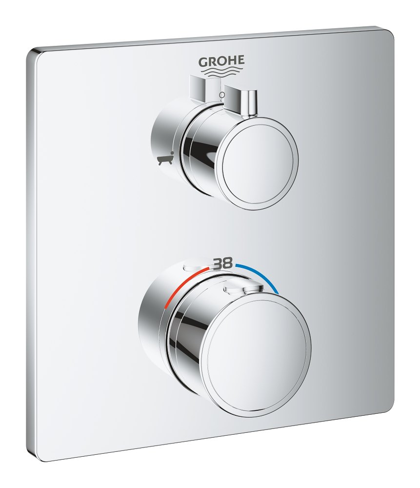 GROHE Grohtherm Thermostatic bath tub mixer for 2 outlets with integrated shut off diverter valve — Chrome