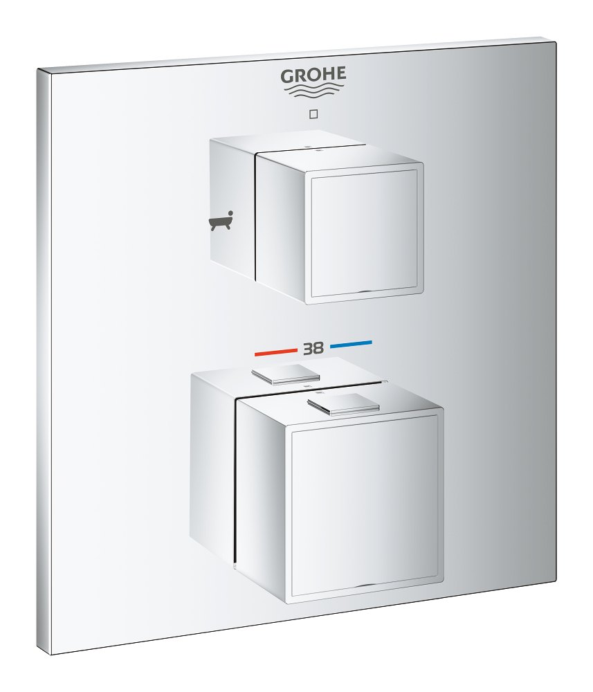 GROHE Grohtherm Cube Thermostatic bath tub mixer for 2 outlets with integrated shut off diverter valve — Chrome