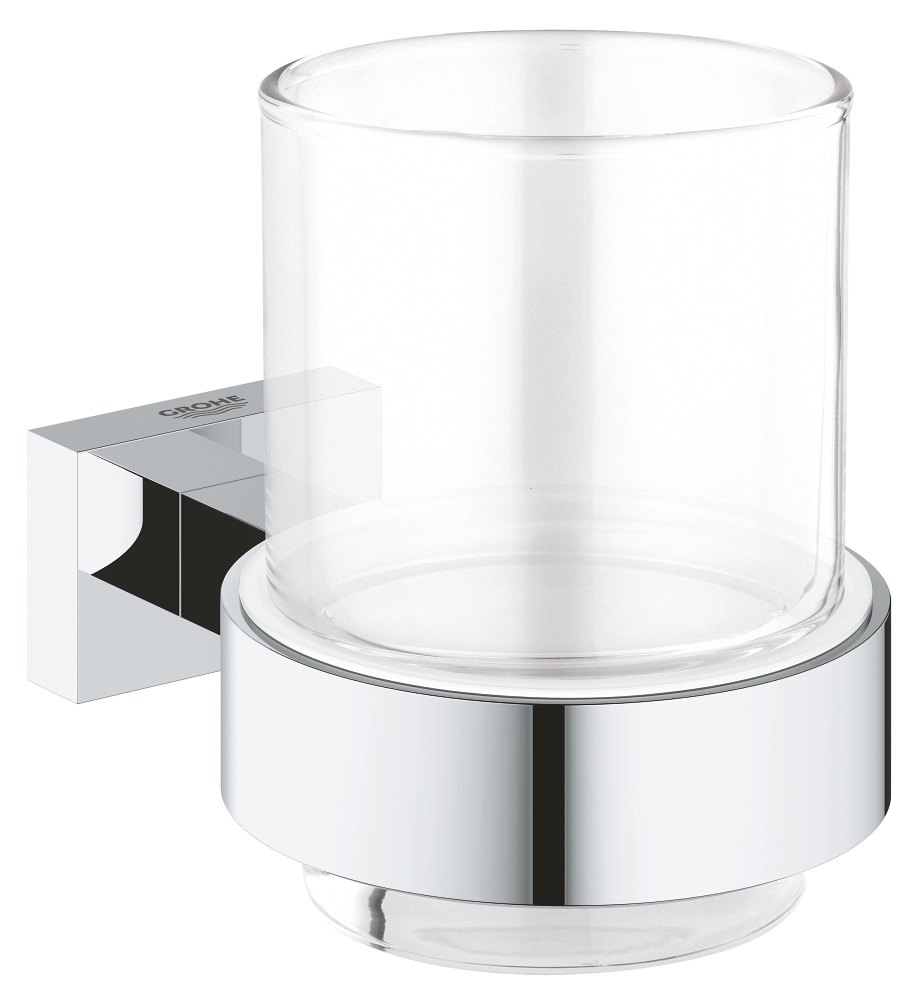 GROHE Essentials Cube Crystal glass with holder — Chrome